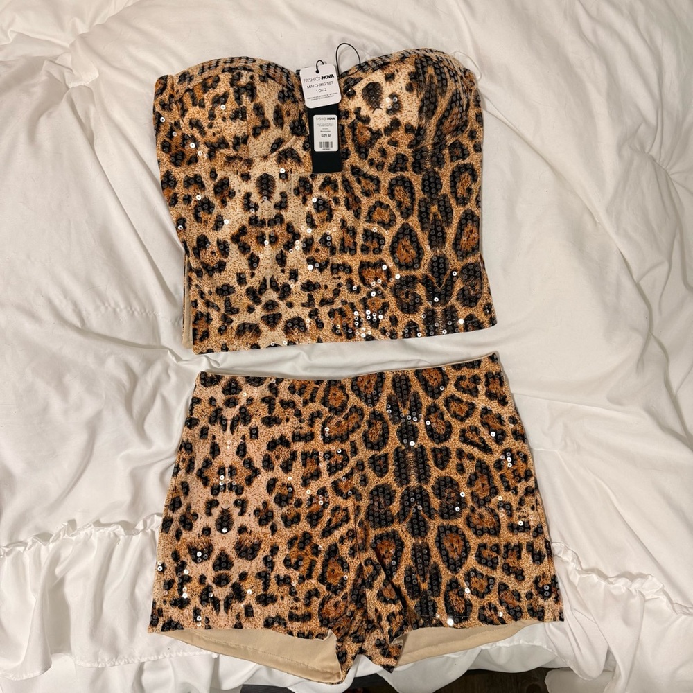 Fashion Nova Leopard Sequin two piece in Tan and Black